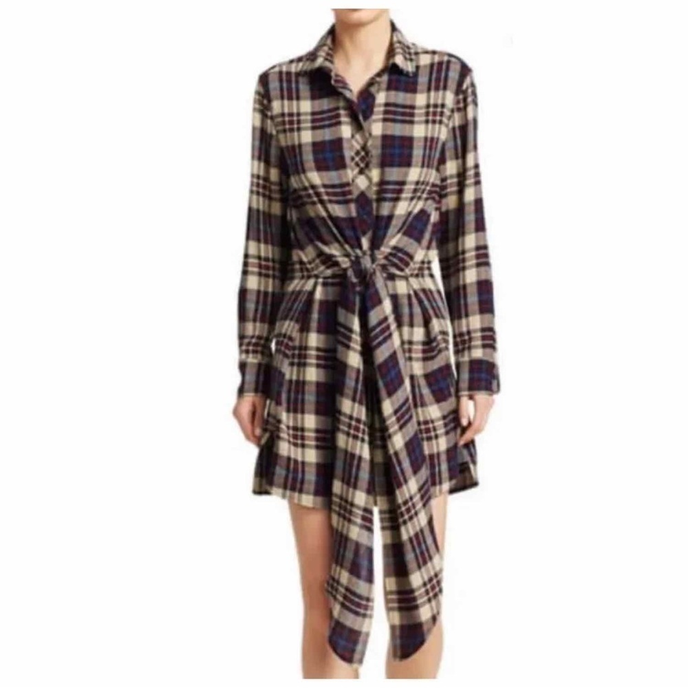 Rag & Bone Felicia Plaid Wool Blend Tie Waist Shirt Dress Size Medium